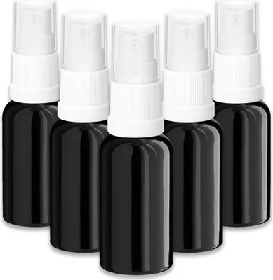 Produktbild von 5x Glasflasche schwarz 30 ml mit weißem Zerstäuber Kosmetikflasche