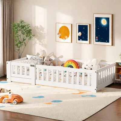 Obrázek produktu pro Postel s rámem 90x200 cm, Montessori postel s roštím a ochranou proti vypadnutí, masivní dětská postel z borového dřeva, bílá, jednolůžko, bez matrace