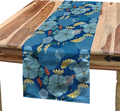 Produktbild von ABAKUHAUS Blumen Tischläufer, Gekritzel-Blumen-böhmische Frühlings-Blüten in Blue Shades, 40 x 225 cm, Blau Blau