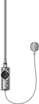 A silver electric heating element with a digital display and a power cord with a plug, isolated on a white background.