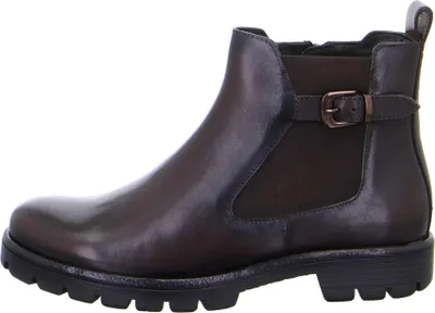 A side view of a brown leather ankle boot with a buckle detail.
