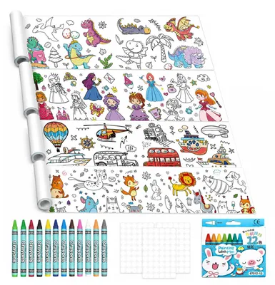 Kinder-Malrolle 4er-Pack mit 12 Wachsmalstiften und Stickern