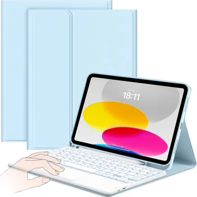 Image de Étui avec clavier pour iPad 10ème génération, écran 10,9 pouces, modèles A2757/A2777 (2022), doté d'un pavé tactile, d'un éclairage multicolore (7 couleurs), amovible, sans fil, en espagnol, de couleur bleu ciel