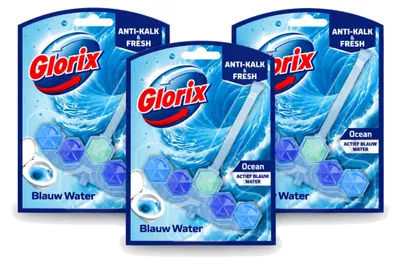 Imagen del producto de 3 unidades de Glorix Power 5+ para limpieza de inodoros, agua azul océano, paquete económico