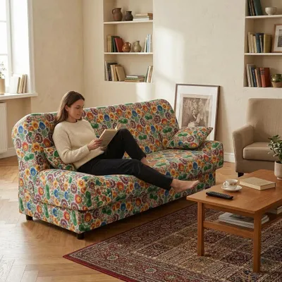 Produktbild von Schlafsofa SARA Poly – Folklore-Muster, Webstoff in Weiß, Family Meble, KI-generiertes Bild
