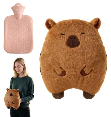 Immagine prodotto di Borsa dell'acqua calda per bambini, a forma di capibara, in peluche con rivestimento, dimensioni 30x20 cm. Contenitore interno removibile