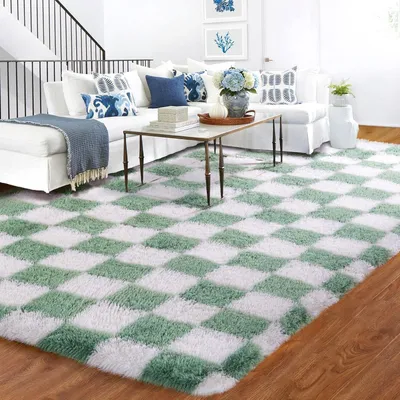 Zdjęcie produktu dla Dywan 90 x 150 cm, szałwiowa zieleń i biel, wełna, do salonu