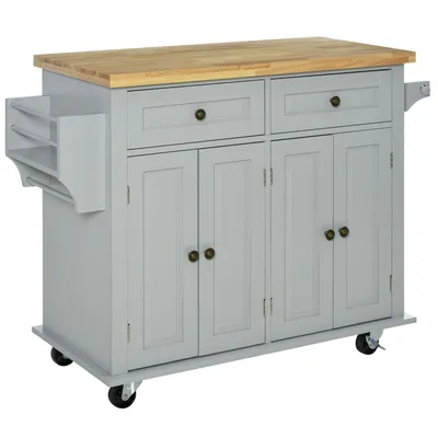 Image de HOMCOM Desserte ilôt de cuisine multi rangements 2 tiroirs 2 placard 2 portes avec étagère range-bouteille porte-torchons et étagère réglable MDF gris hévéa