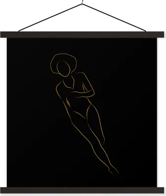 Produktbild von MuchoWow® Textilposter Frau - Gold - Schwarz - Strichzeichnung 60x60 cm mit schwarzem Rahmen - Posteraufhänger