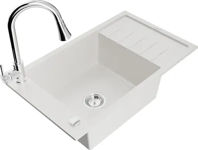 Produktbild von Mexen Elias 1 Becken-Granitspüle mit Abtropffläche und Mischbatterie Elia, Weiß - 6511-20-670101-00