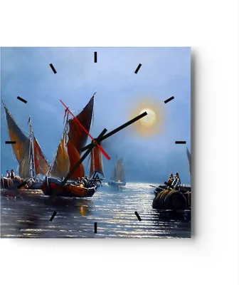 Produktbild von Wanduhr - Quadrat - Glasuhr - Boote Sonne Fischer Angeln - 40x40cm - Schleichendes Uhrwerk - Lautlos - zum Aufhängen bereit - Dekoration Modern - Wanddekoration aus Glas - C3AC40x40-2957