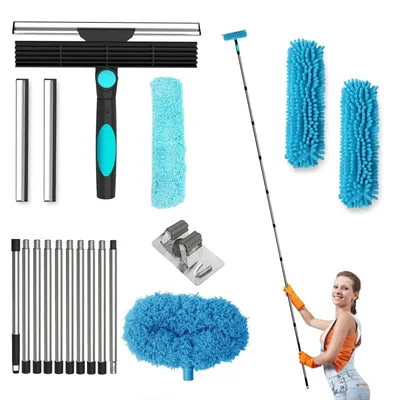 Image de Kit de nettoyage des fenêtres 4 en 1 avec tige télescopique et brosses en microfibre