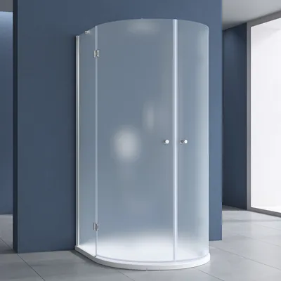 A frosted glass shower enclosure with a white base and silver handles, set against a dark blue wall and light gray floor.