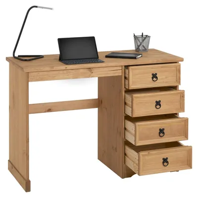 Produktbild von Schreibtisch SALSA im Mexiko Stil, eleganter Computertisch aus massiver Kiefer, Bürotisch mit Schubladen, gebeizt und gewachst