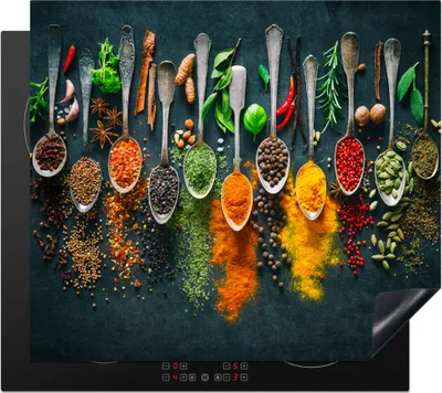 Produktbild von KitchenYeah© Herdabdeckplatte Kräuter - Gewürze - Löffel , 60x52cm, Küche Deko, Glaskeramikkochfeld Herdabdeckung, Abdeckplatte fùr Kochfeld