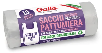 Zdjęcie produktu dla Gallo, 15 worków wykonanych z przetworzonego plastiku, w 100% z recyklingu, wymiary 53 x 68 cm, pojemność 30 litrów