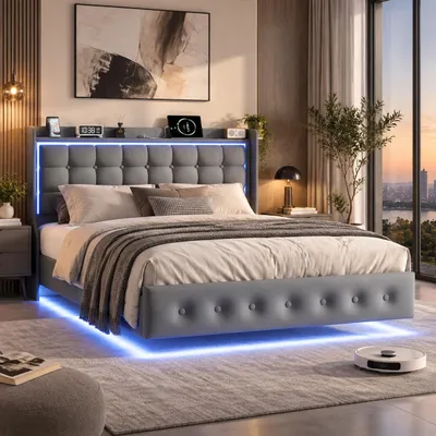 Produktbild von INONEFT Polsterbett 140x200 cm, Jugendbett mit LED-Beleuchtung, Lattenrost und Kopfteil, Schwebender Bettgestell mit 1 USB-C und 2 USB-A, Samt, Grau, KI-generiertes Bild
