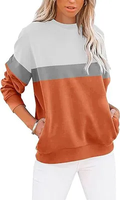 Produktbild von ASKSA Damen Pullover Rundhals Langarm Sweatshirt Casual Lose Farbblock Herbst Winter Oberteile Oversize Tops, Weiss&Orange, XXL