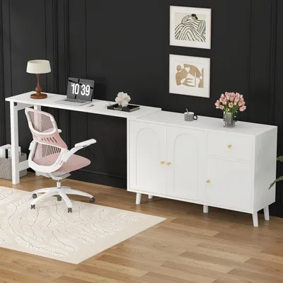 Produktbild von Multifunktionaler 2 in 1 Schreibtisch und Sideboard mit 3 Türen und 1 Schublade, 360° drehbar, Weiß