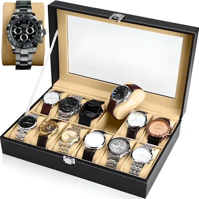 Obrázok produktu pre Box na hodinky Puzdro na hodinky so skleneným okienkom až na 12 hodiniek a box na hodinky Odnímateľný box na hodinky Vankúšik na hodinky Organizér Box na hodinky Syntetická koža Čierna Retoo