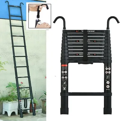 Imagen del producto de Silecomplaza: Escalera extensible, 3,2 metros, escalera telescópica de aluminio, escalera para acceder a áticos con ganchos para techos, escalera de extensión, capacidad máxima de carga: 150 kg