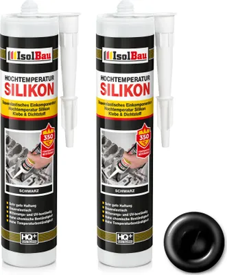 Two tubes of black high-temperature silicone sealant are shown side-by-side, with a black cap or nozzle in the foreground.