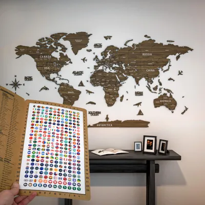Immagine prodotto di Mappamondo in legno da parete - Mappa da parete in legno 3D, regalo di viaggio, marrone, misura M 100 cm