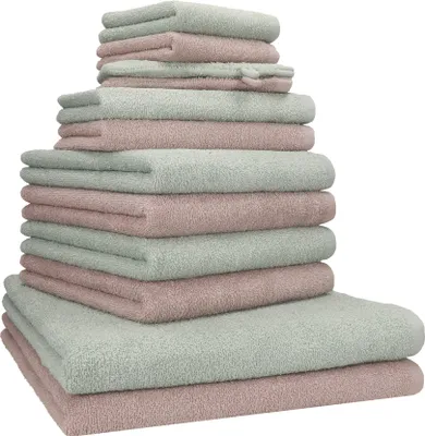 Produktbild von Betz 12-tlg. Handtuch-Set BERLIN 2 Liegetücher 4 Handtücher 2 Gästetücher 2 Seiftücher 2 Waschhandschuhe 100% Baumwolle – Farbe: jadegrün / cappuccino