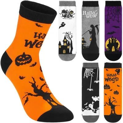 Produktbild von BRUBAKER 5 Paar Halloween Socken - Lustige Herbstsocken mit Kürbis, Skelett & Gespenst - Sockenset für Damen & Herren in Orange, Lila & Schwarz, 36-40