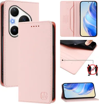 Produktbild von Lederhülle für Huawei Pura 80 Pro Hülle Flip Brieftasche Kartenfächern Ständer Schutzhülle Pink