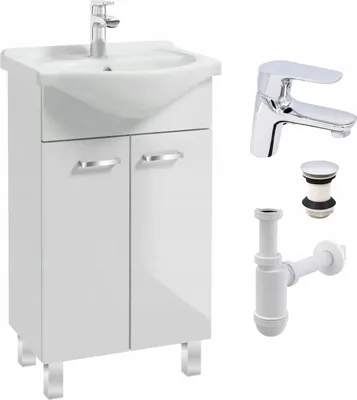 Obrázek produktu pro Stamar | Set Bílá stojící koupelnová skříňka, 50 cm, s lesklým umyvadlem, baterie Sigma