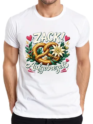 Zdjęcie produktu dla Koszulka męska z nadrukiem "Zack", "Aufgebrezelt Brezel", "Edelweiss", "Oktoberfest", "Lederhose", "Dirndl", biała, rozmiar 3XL