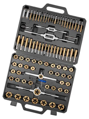 Immagine prodotto di SucceBuy Set di 86 pezzi con maschi e filiere, misure metriche e SAE da M3 a M12, da n. 4 a 5/8 pollici, con utensili per filettatura grossolana e fine, chiave inglese e pratica valigetta di trasporto