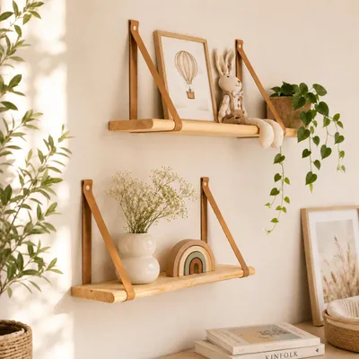 Image de leg&go Étagère flottante 60x15cm, en bois avec lanières en cuir, étagère murale
