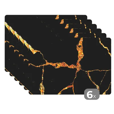 Obrázok produktu pre MuchoWow® Podložky Sada 6 podložiek Umývateľné podložky 30x45x0.3cm Mramor - zlatá - čierna - mramorový vzhľad - trblietky Podložka pod stôl Nekĺzavá