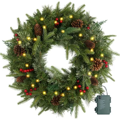 Kunstkerstkranz, vorbeleuchtet, 61 cm, 50 LED, Tannenzapfen, grün