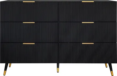 Image de Commodes AIORBER, six tiroirs, beaucoup d'espace de rangement, bois de haute qualité, pieds dorés, sideboard, pour salle à manger, salon, 120x77x40cm, noir
