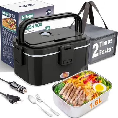 Obrázok produktu pre Elektrická obedáreň – ohrievaný kontajner na jedlo – 1,8 l – 80 W – Vhodná do auta aj do domácnosti – Nerezový vnútorný kontajner – EÚ zástrčka a 12V nabíjačka do auta