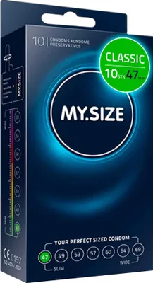 Obrázok produktu pre MY.SIZE Classic kondómy veľkosť 1 | šírka 47 mm | štandardné balenie 10 kusov | prémiové extra tenké | prirodzený pocit, jemné ako dych | hrúbka steny 0,07 mm