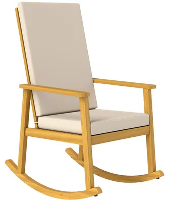 Produktbild von Schaukelstuhl aus Akazienholz Schaukelsessel mit hoher Rückenlehne Kissen bis 160 kg 60 x 89 x 107 cm Beige