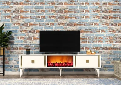 Produktbild von Skye Decor, Doruk Fireplace - White, Gold, TV-Ständer, Weiß, 100 % MELAMINBESCHICHTETE SPANPLATTEN, 150 x 44,6 x 29,6 cm