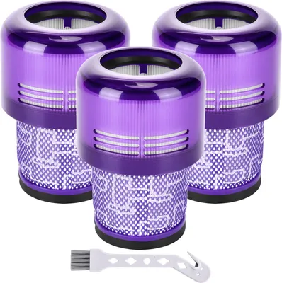 Three purple vacuum cleaner filters and a small cleaning brush are arranged on a white background.