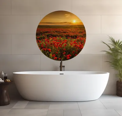 Produktbild von Wallario wasserfestes Poster selbstklebend 90 x 90 cm, Mohnblumenwiese bei Sonnenuntergang am Abend, Badezimmerposter Spritzschutz mit Hochglanzoberfläche in Glasoptik