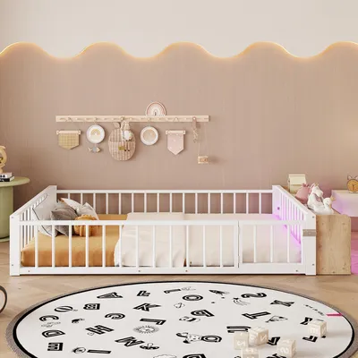 Produktbild von STILVORA Flachbett 140×200 cm aus Metall mit SchutzgeländerMetallbett mit LED-Streifenleuchten, Eisenbett mit Schließfächern, Kinderbett mit Matratze, Weiß