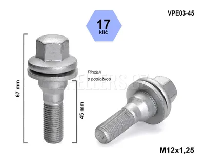 Obrázek produktu pro Kolový šroub M12x1,25x45, VPE03-45, plochá podložka, CITROËN, FIAT, PEUGEOT, klíč 17, výška 67 mm