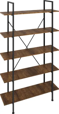 A freestanding five-shelf bookcase with a dark wood grain finish and black metal frame.