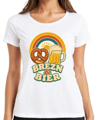 Obrázek produktu pro Tričko Brezn & Bier, motiv , Bayern, Wiesn, dámské, kožená sukně (Lederhose), halenka (Dirndl), bílá barva, velikost 3XL