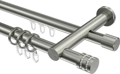 Produktbild von Interdeco Rundrohr-Innenlaufstange / Gardinenstange (Kombination) Edelstahl-Optik, Typ Platon Estana (Glitzerkappe), 20 mm Ø 2-läufig, 440 cm