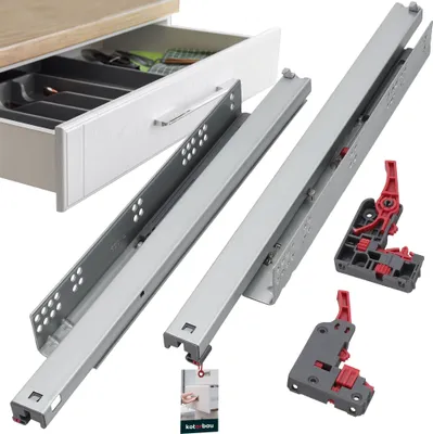 A drawer with cutlery organizer and drawer slides and accessories.