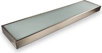 A product shot of a rectangular LED light fixture with a brushed metal frame and a frosted glass cover, presented on a white background.